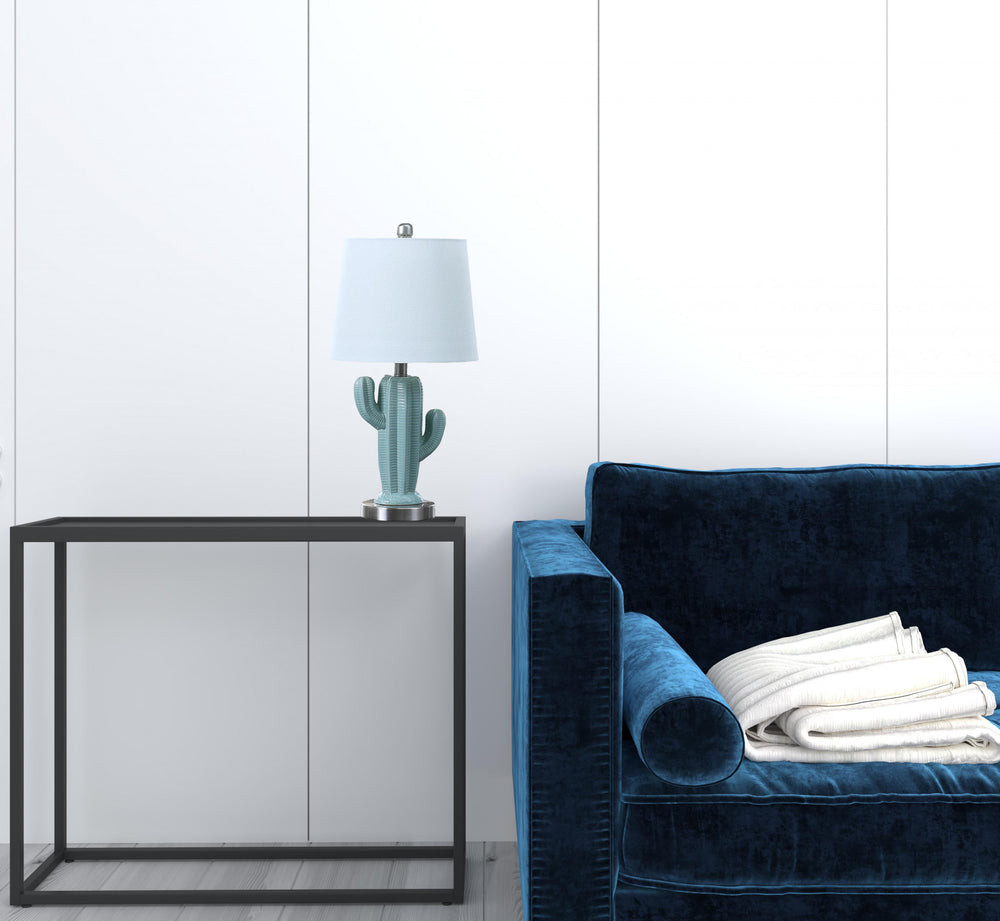 22" Pale Blue Green Ceramic Cactus Table Lamp With White Shade - Homeroots - Flyclothing LLC