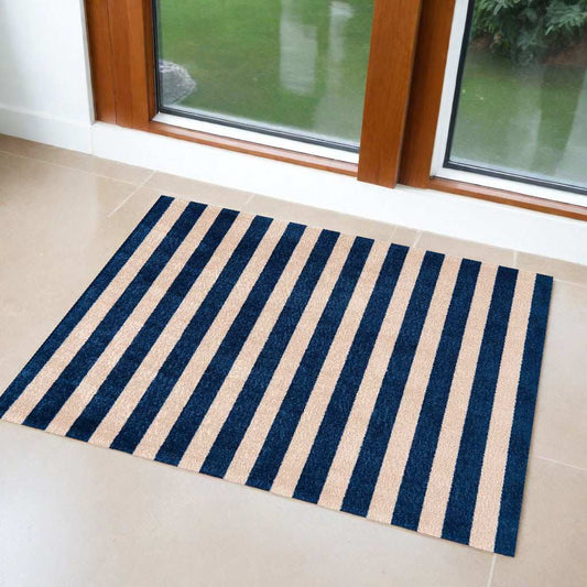 2' X 4' Navy And Sand Striped Tufted Washable Non Skid Area Rug - Homeroots - Flyclothing LLC