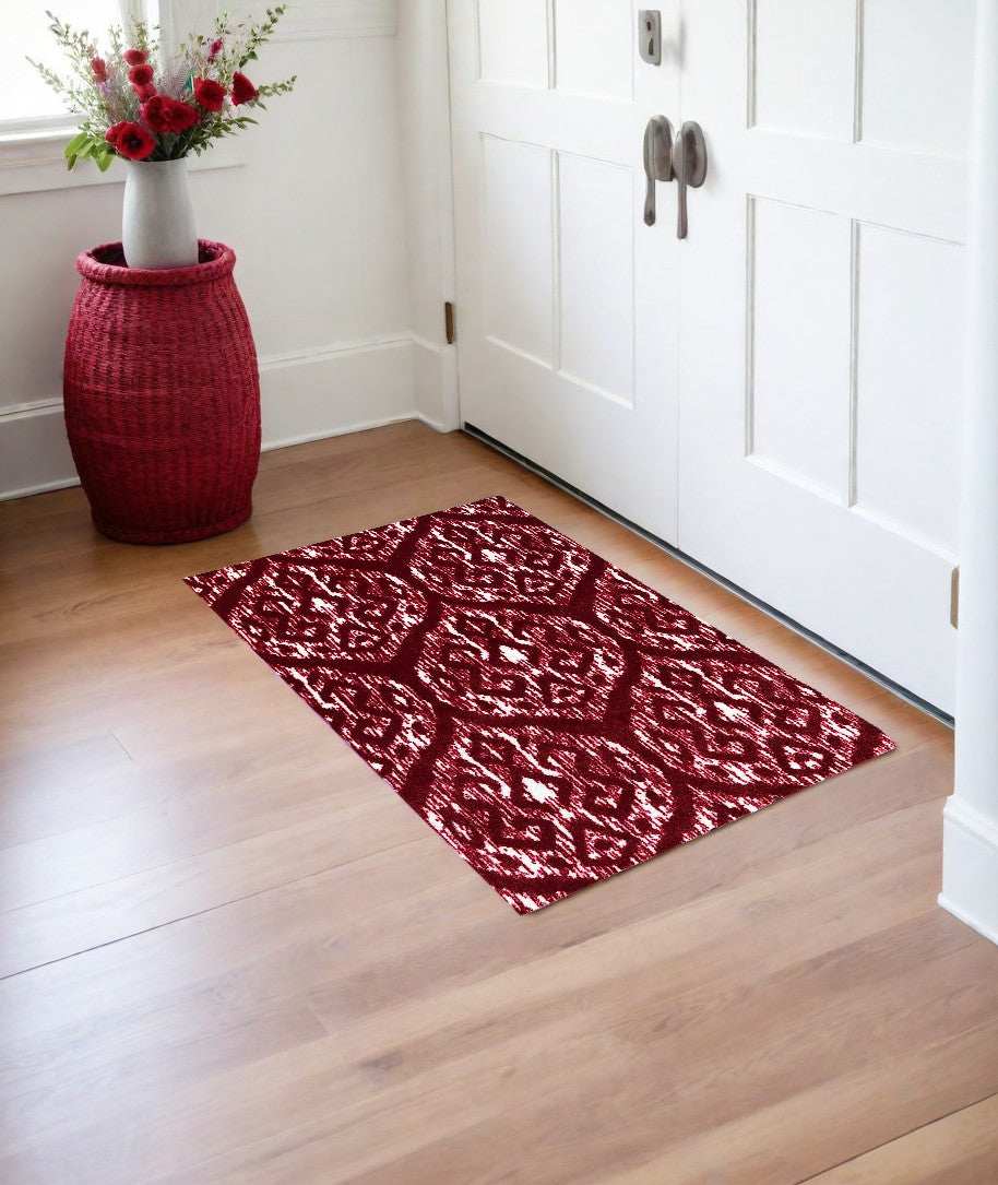 2' X 3' Red and White Ikat Printed Washable Non Skid Area Rug - Homeroots - Flyclothing LLC
