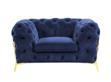 50" Blue Tufted Velvet And Gold Solid Color Lounge Chair