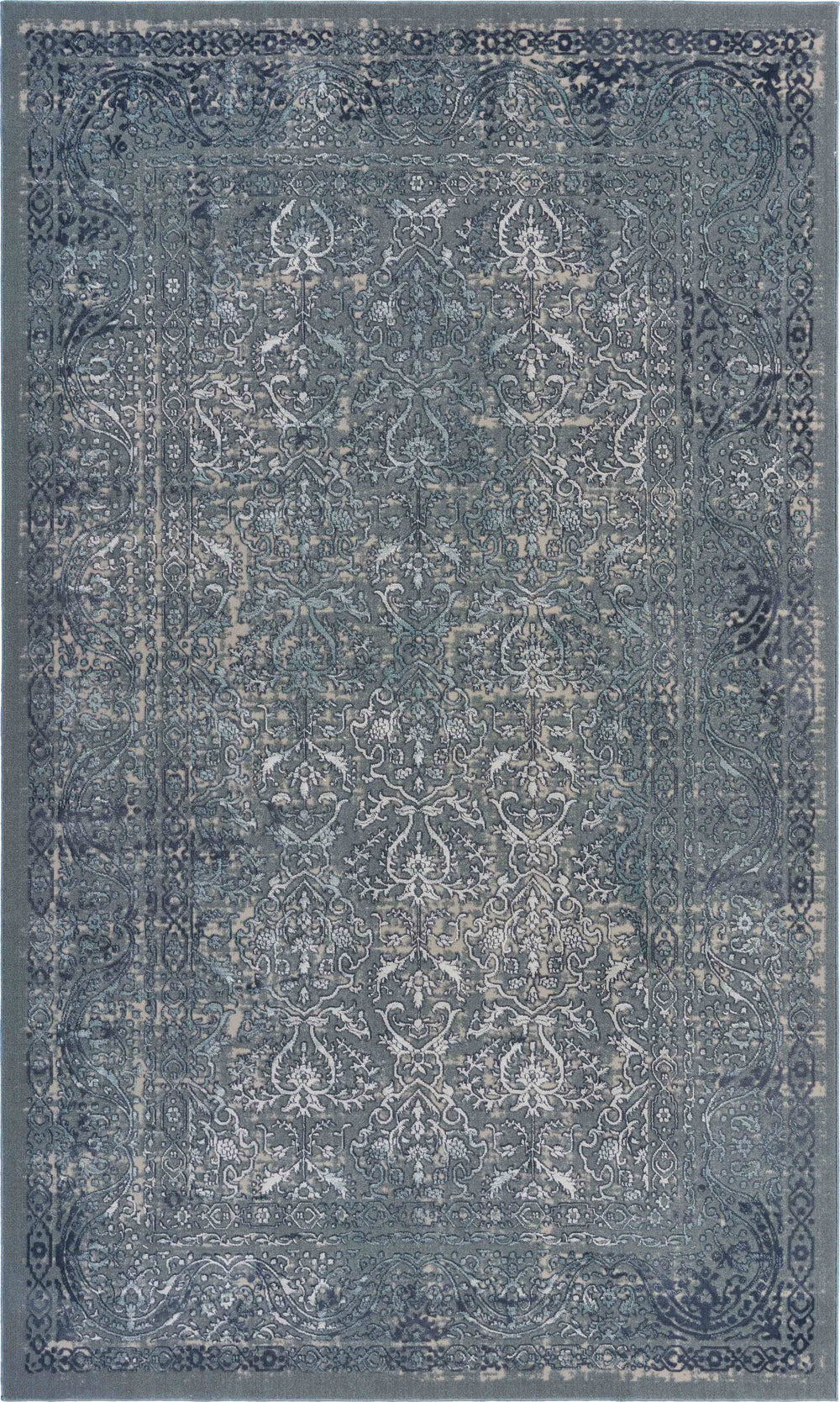 2' X 3' Blue Silver Gray And Cream Damask Distressed Stain Resistant Area Rug - Homeroots - Flyclothing LLC