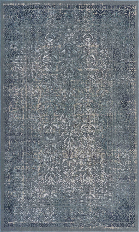 8' X 11' Blue Silver Gray And Cream Damask Distressed Stain Resistant Area Rug - Homeroots - Flyclothing LLC