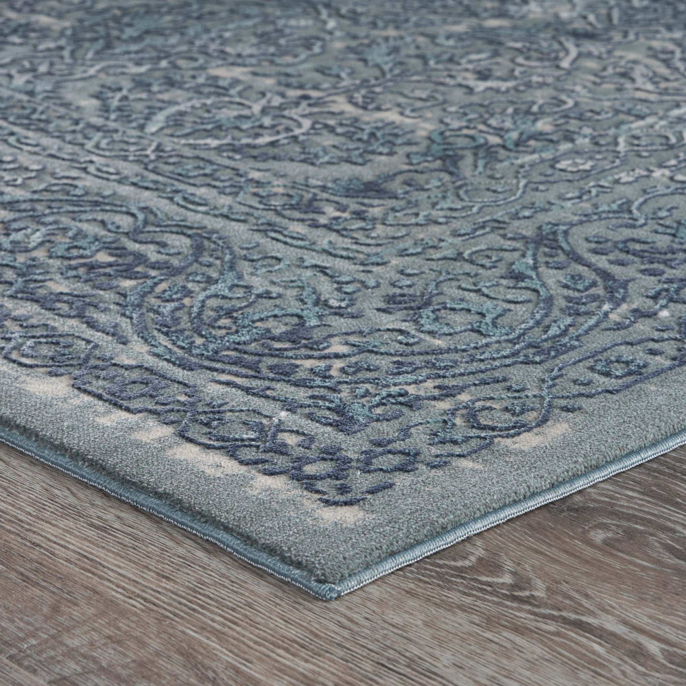 8' X 11' Blue Silver Gray And Cream Damask Distressed Stain Resistant Area Rug - Homeroots - Flyclothing LLC