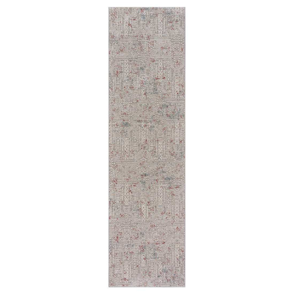 8' Gray Ivory Slate Blue And Wine Red Geometric Distressed Runner Rug - Homeroots - Flyclothing LLC