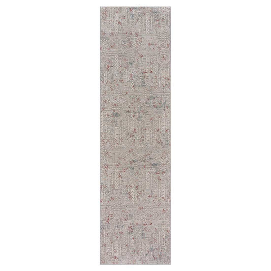 8' Gray Ivory Slate Blue And Wine Red Geometric Distressed Runner Rug - Homeroots - Flyclothing LLC