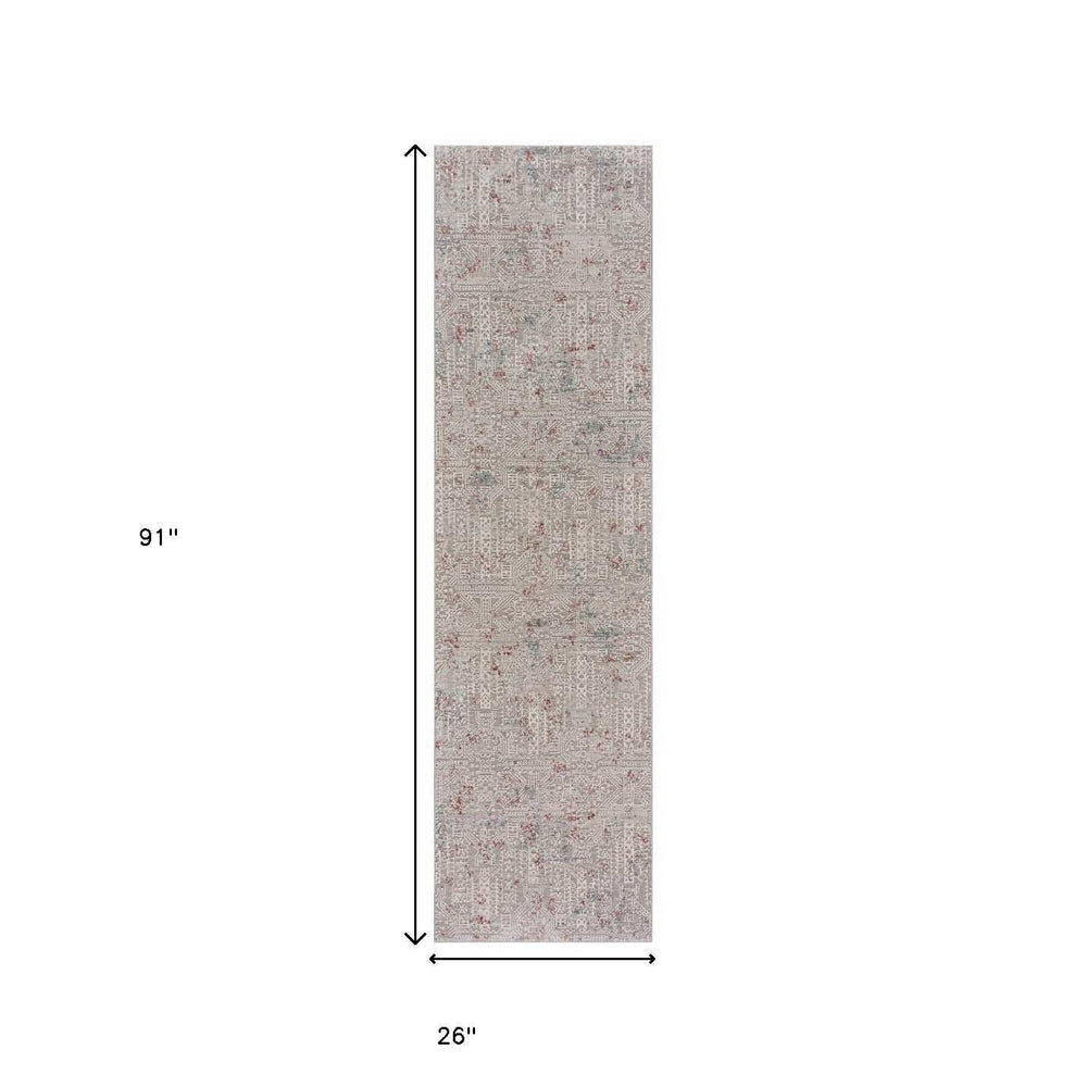 8' Gray Ivory Slate Blue And Wine Red Geometric Distressed Runner Rug - Homeroots - Flyclothing LLC