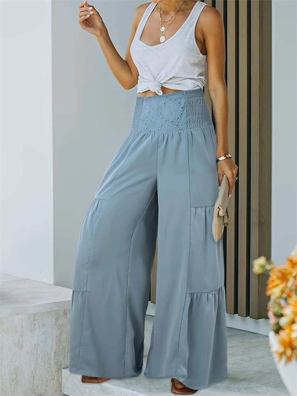 Smocked High Waist Pants - Trendsi - Flyclothing LLC