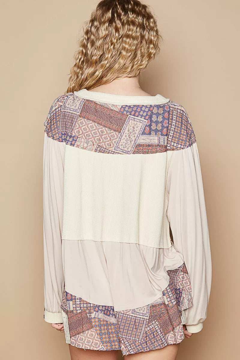 POL Half Button Balloon Sleeve Top with Printed Knit Contrast - Trendsi - Flyclothing LLC