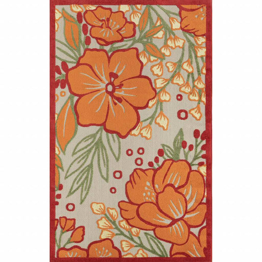 8' X 10' Orange And Ivory Floral Stain Resistant Indoor Outdoor Area Rug - Homeroots - Flyclothing LLC