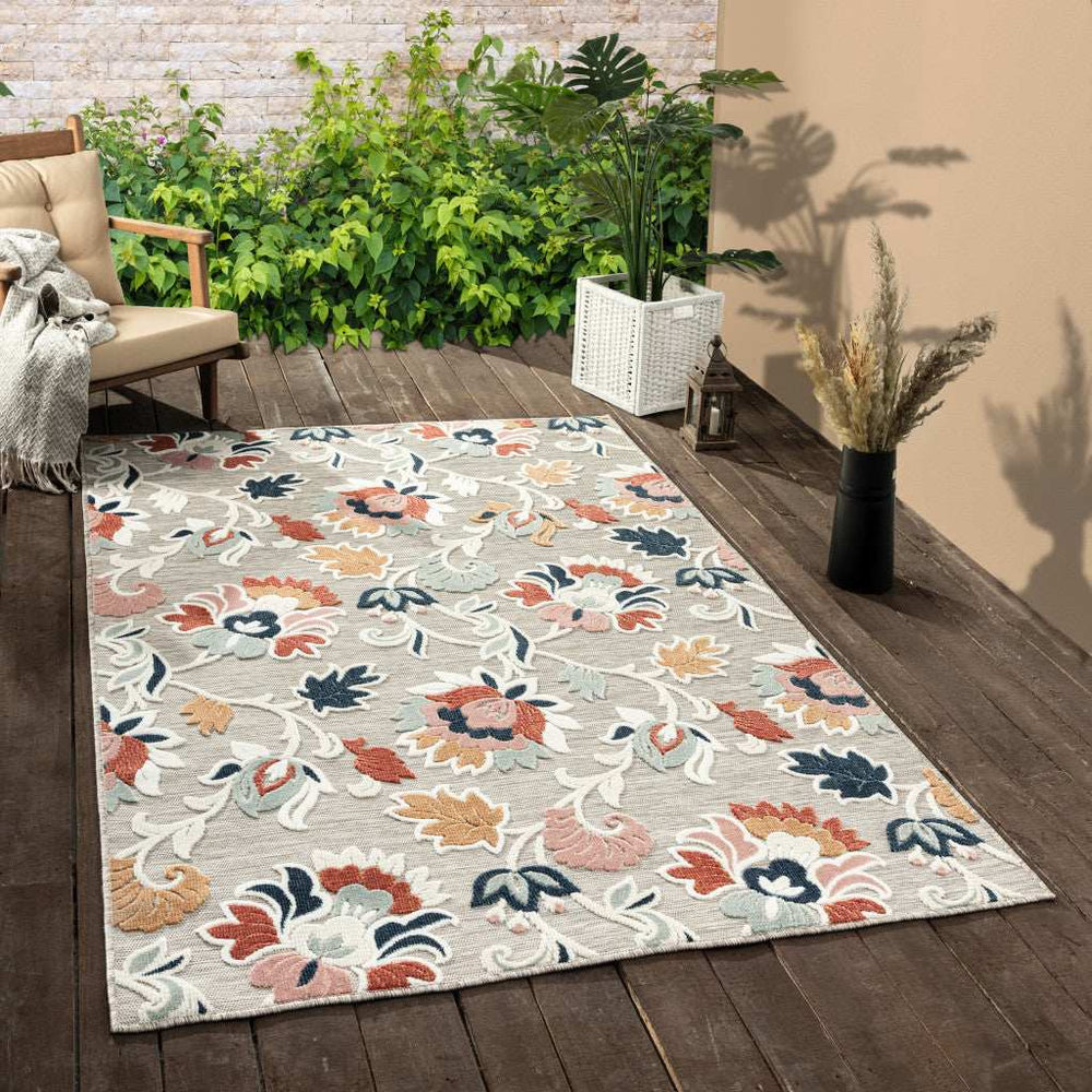 8' X 10' Blue And Gray Floral Stain Resistant Indoor Outdoor Area Rug - Homeroots - Flyclothing LLC