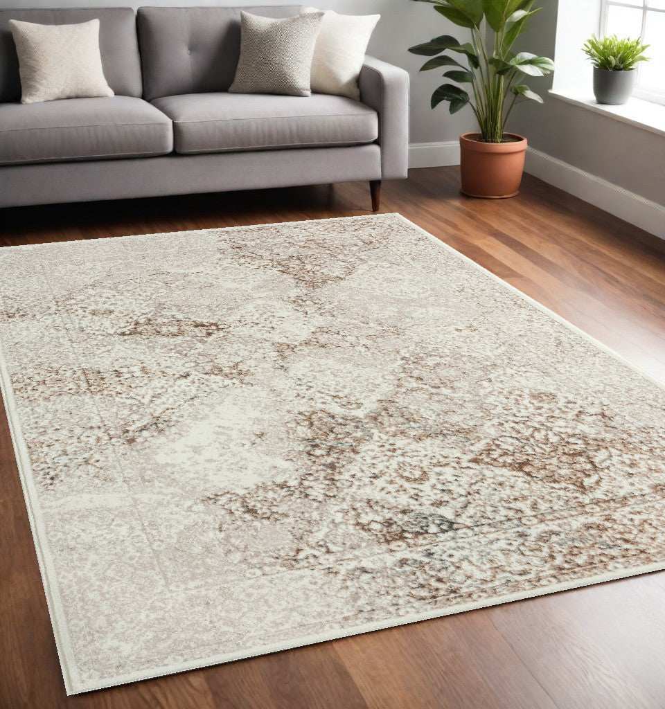 5' X 7' Beige Cream And Brown Damask Stain Resistant Area Rug - Homeroots - Flyclothing LLC