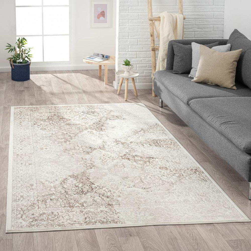 5' X 7' Beige Cream And Brown Damask Stain Resistant Area Rug - Homeroots - Flyclothing LLC