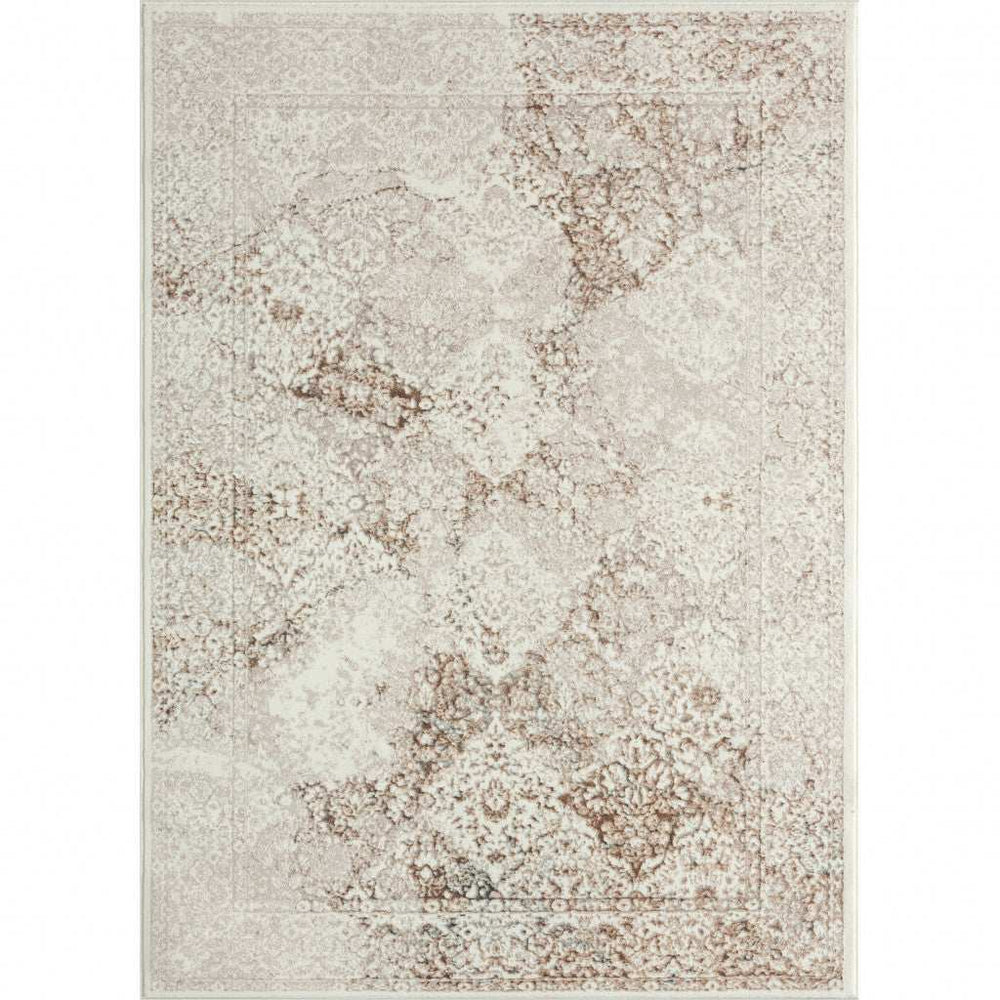 7' X 9' Beige Cream And Brown Damask Stain Resistant Area Rug - Homeroots - Flyclothing LLC