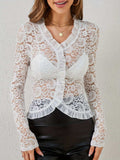 Ruffled V-Neck Long Sleeve Lace Top - Trendsi - Flyclothing LLC