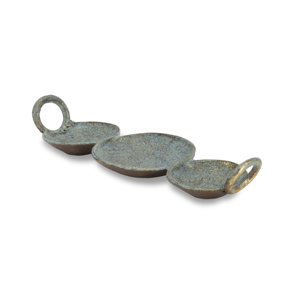 14" Blue and Gold Round Distressed Cast Iron Tri Circle Vanity Tray With Handles - Homeroots - Flyclothing LLC