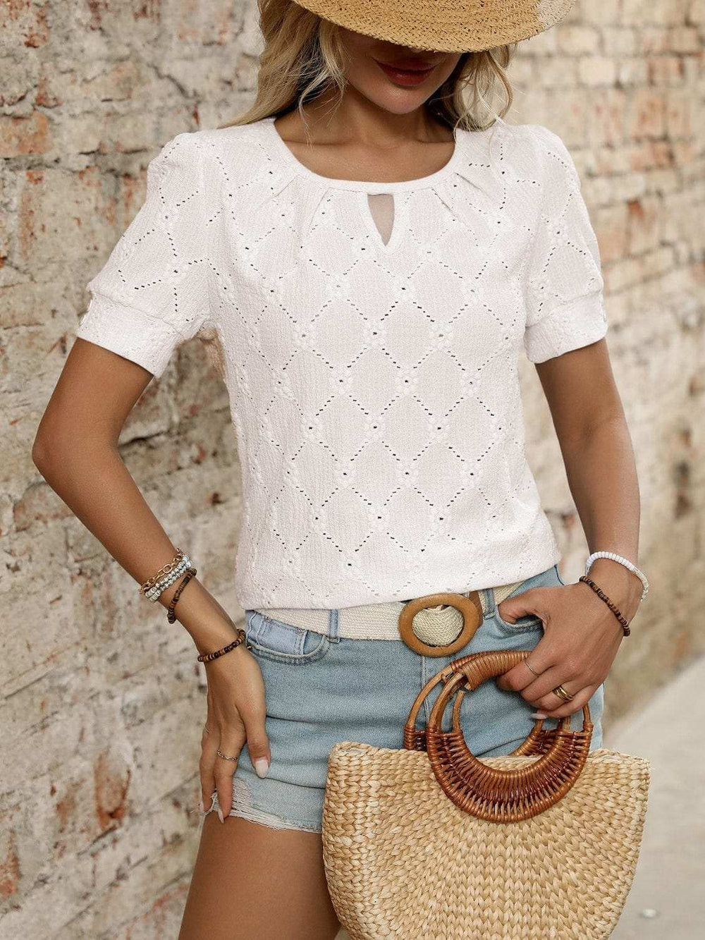 Eyelet Round Neck Short Sleeve Top - Trendsi - Flyclothing LLC
