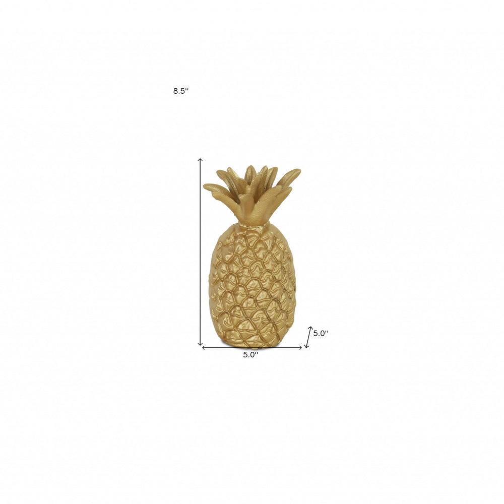 9" Gold Cast Iron Pineapple Hand Painted Sculpture - Homeroots