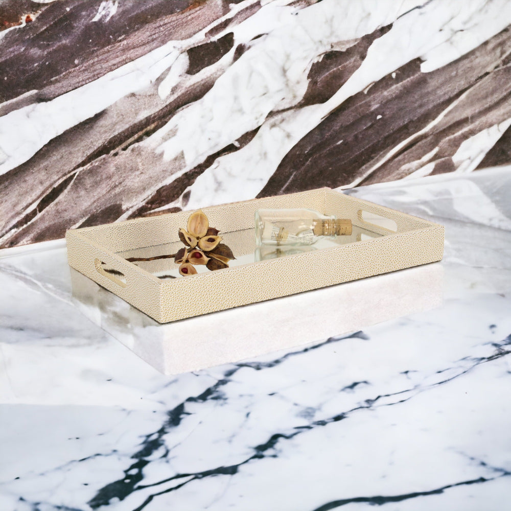 16" White Gold Rectangular Wood Handmade Tray With Handles - Homeroots - Flyclothing LLC