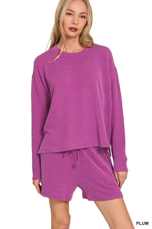 Zenana Corded Rib Long Sleeve Tee and Shorts Set - Trendsi - Flyclothing LLC