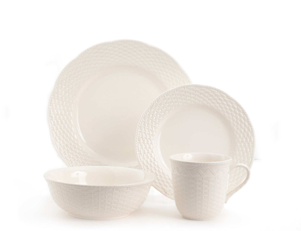 White Four Piece Weave Stoneware Service For Four Dinner Plate Set - Homeroots - Flyclothing LLC