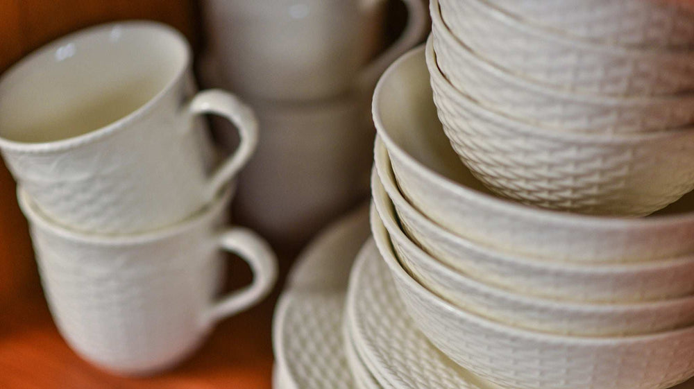 White Four Piece Round Weave Stoneware Service For Four Bowl Set - Homeroots - Flyclothing LLC