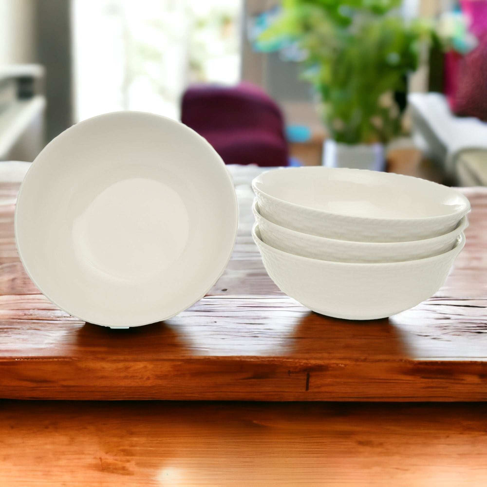 White Four Piece Round Weave Stoneware Service For Four Bowl Set - Homeroots - Flyclothing LLC
