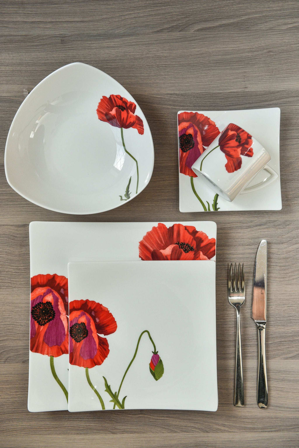 Red and White Six Piece Square Floral Bone China Service For Six Dinner Plate Set - Homeroots - Flyclothing LLC