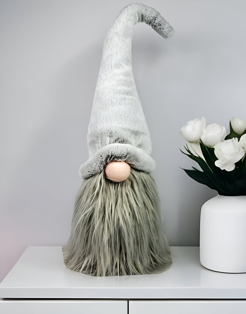 30" Groovy Grey with Pointy Hat Fabric Sitting Gnome Sculpture