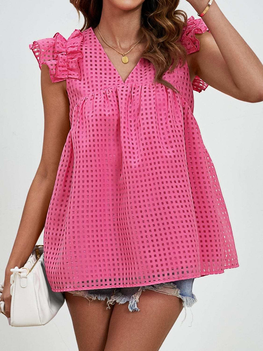 Ruched V-Neck Cap Sleeve Blouse - Trendsi - Flyclothing LLC