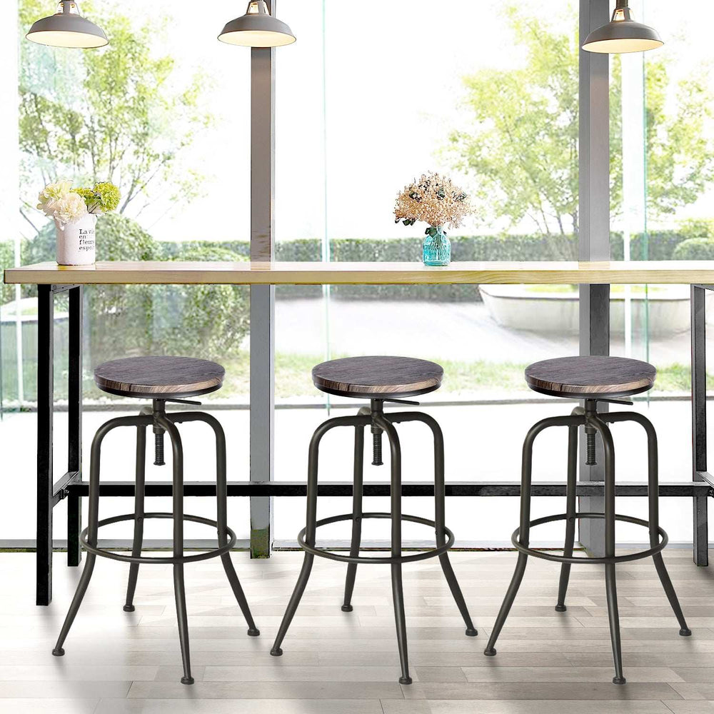 Set of Two Brown And Black Solid Wood And Steel Swivel Backless Counter Height Bar Chairs - Homeroots - Flyclothing LLC
