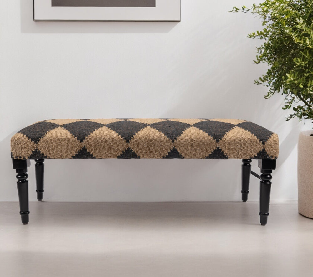 47" Tan And Black Black Leg Checkered Upholstered Bench - Homeroots - Flyclothing LLC