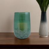 8" Green and White Glass Tabletop Hurricane Candle Holder With Candle - Homeroots - Flyclothing LLC