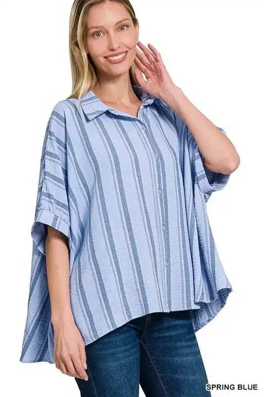 Zenana Woven Yarn-Dye Stripe Oversized Button Down Shirt - Trendsi - Flyclothing LLC
