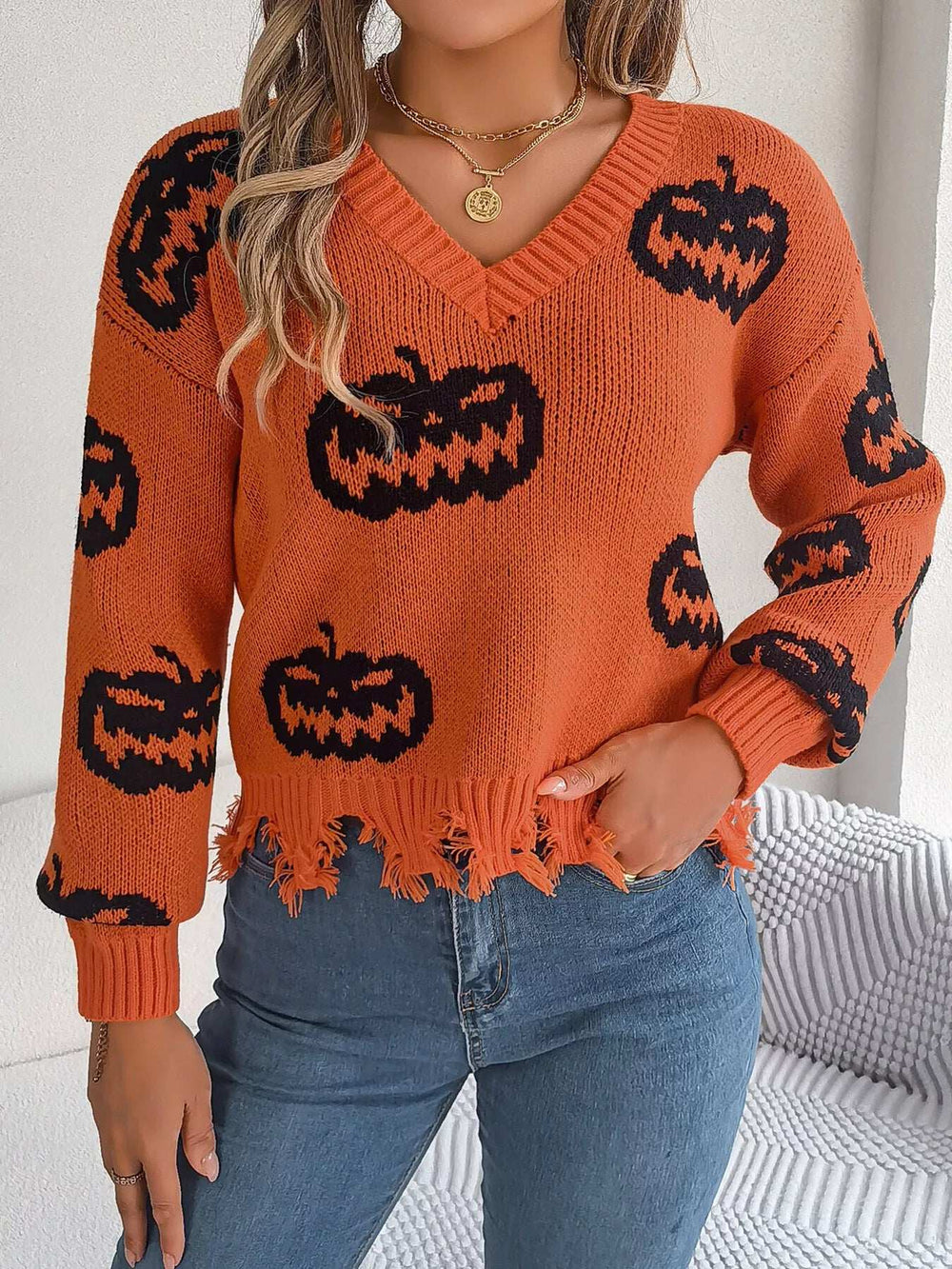 Halloween Pumpkin Pattern Raw Hem V-Neck Sweater - Trendsi - Flyclothing LLC