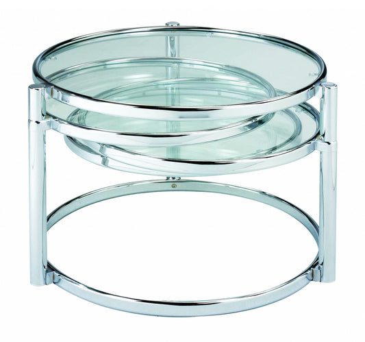 60" Clear And Silver Glass And Steel Round Nested Coffee Tables With Three Shelves