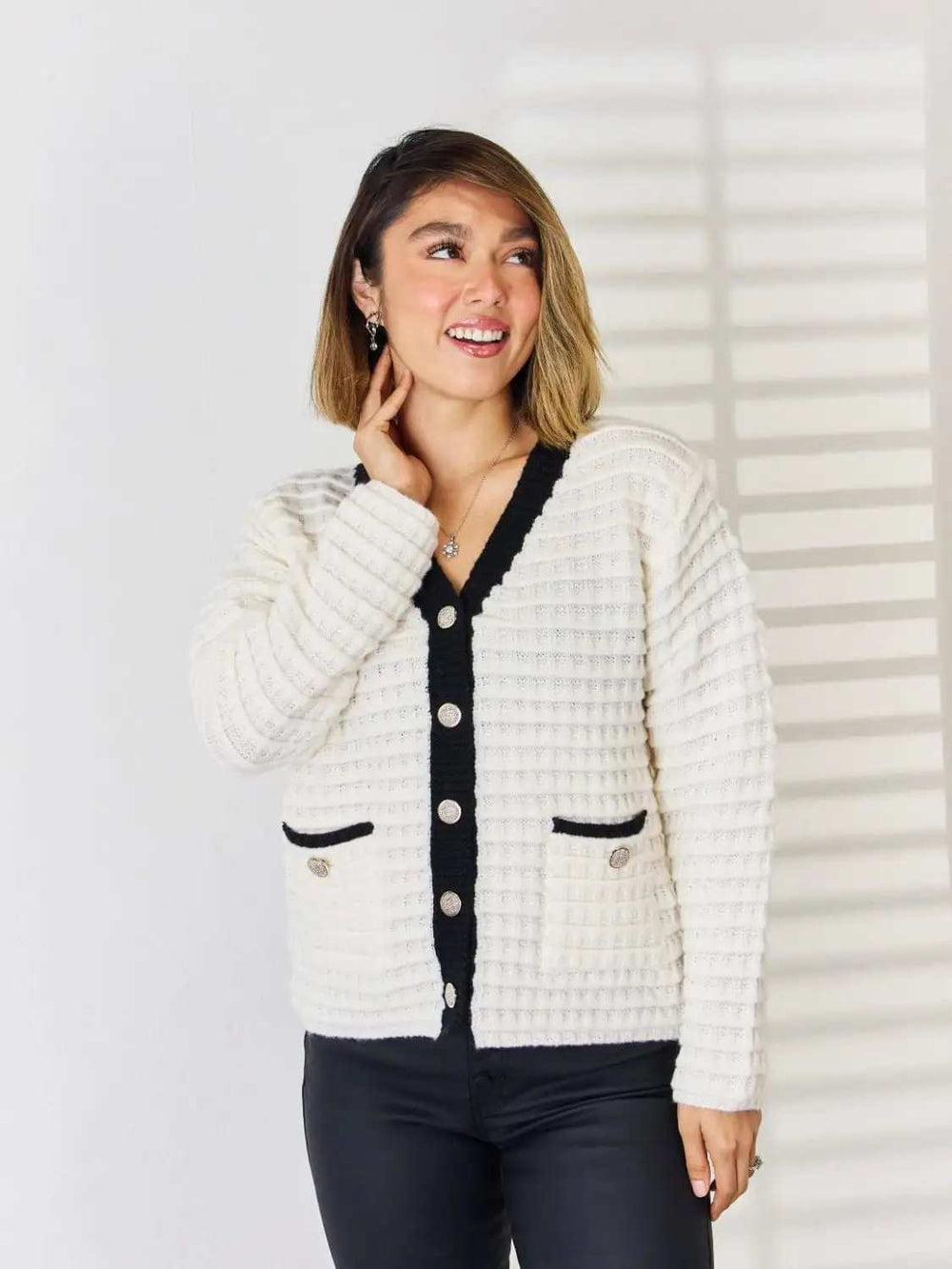 Contrast Trim Button Up Cardigan - Trendsi - Flyclothing LLC