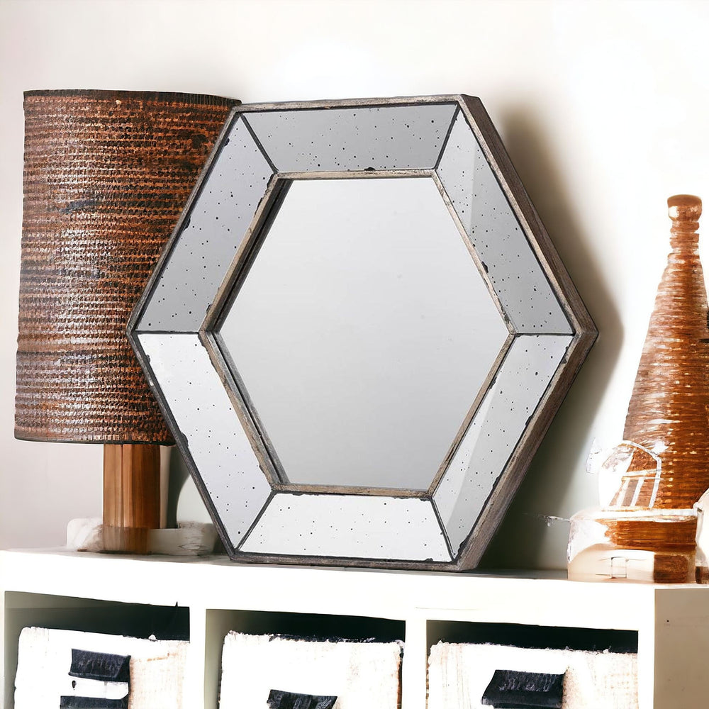 18" Hexagon Wall Mounted Vintage Style Glass Frame Accent Mirror - Homeroots - Flyclothing LLC