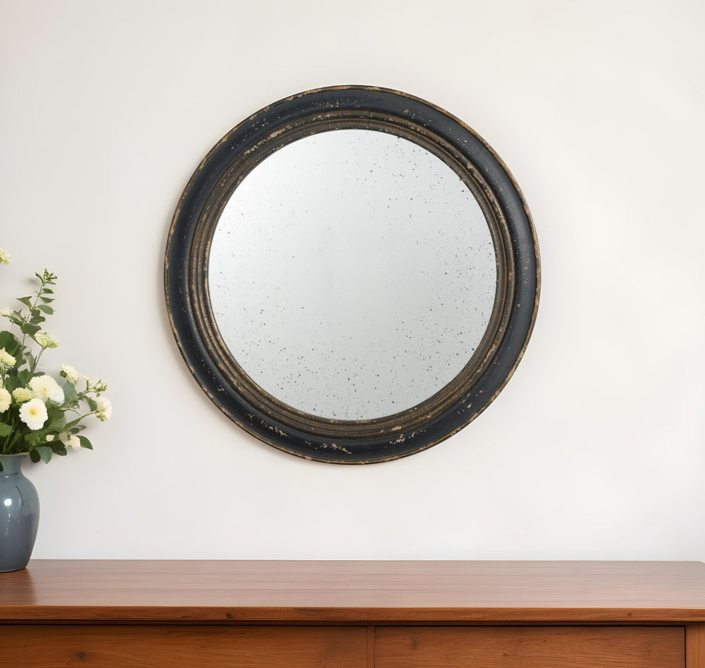 24" Dark Brown Distressed Wood Round Framed Accent Mirror - Homeroots - Flyclothing LLC