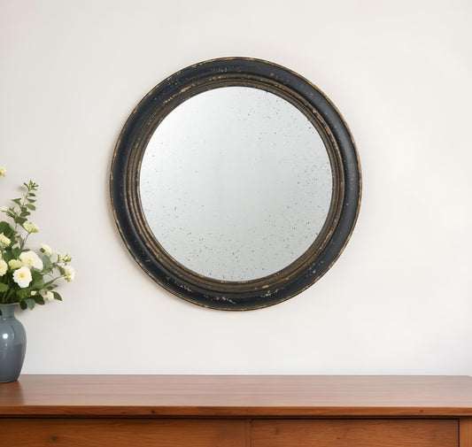 24" Dark Brown Distressed Wood Round Framed Accent Mirror