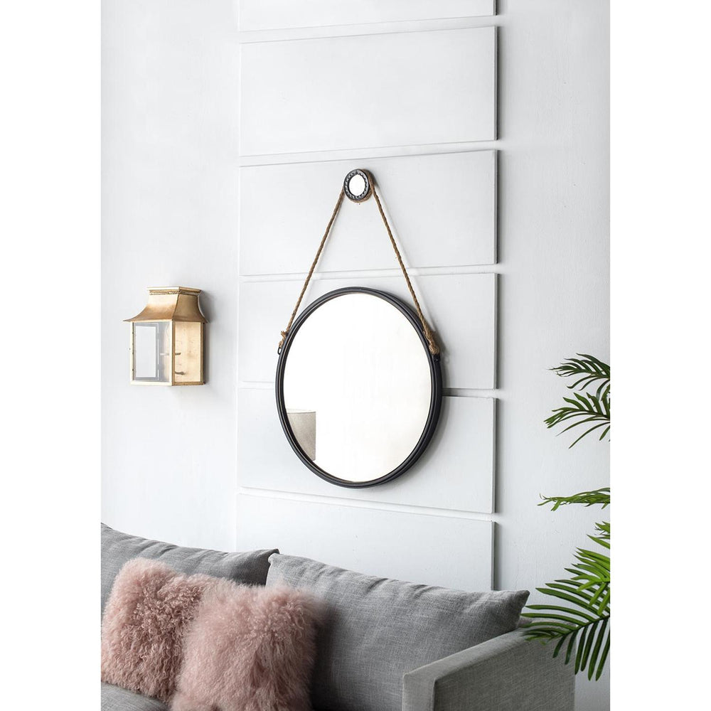 30" Black Fame Round Wall Hanging Accent Mirror with Rope - Homeroots - Flyclothing LLC