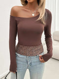 Single Shoulder Long Sleeve Lace T-Shirt - Trendsi - Flyclothing LLC