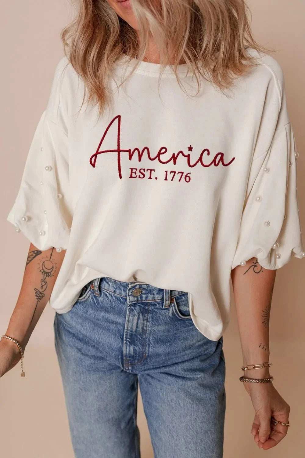 AMERICA EST 1776 Embroidered Pearl Beaded Sleeve T Shirt - Trendsi - Flyclothing LLC
