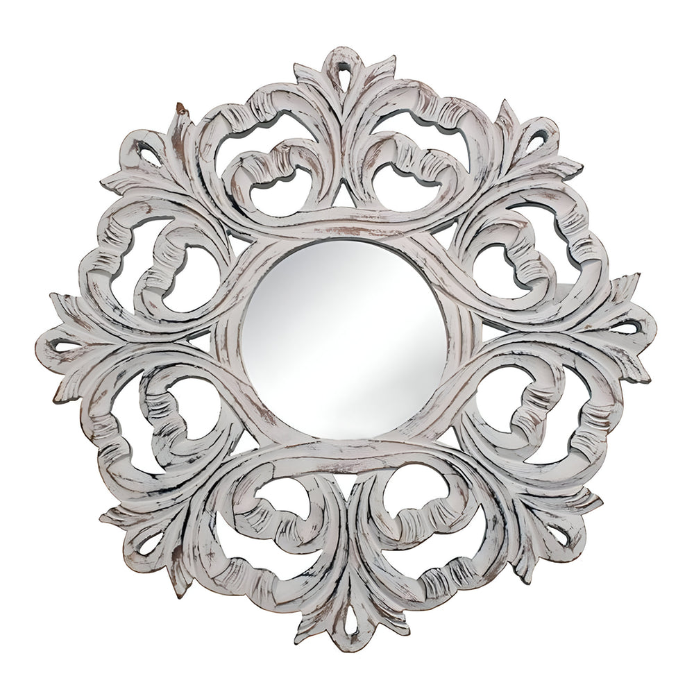 24" White Floral Scrollwork Distressed Round Framed Accent Mirror - Homeroots - Flyclothing LLC