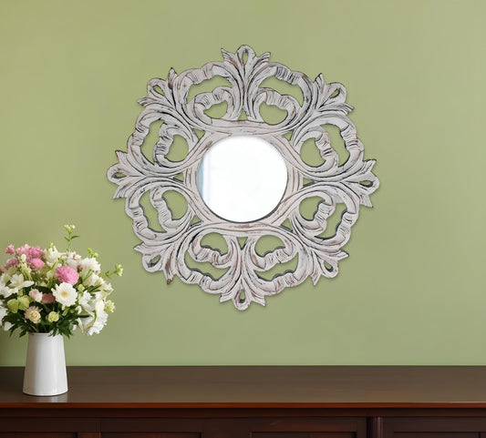 24" White Floral Scrollwork Distressed Round Framed Accent Mirror - Homeroots
