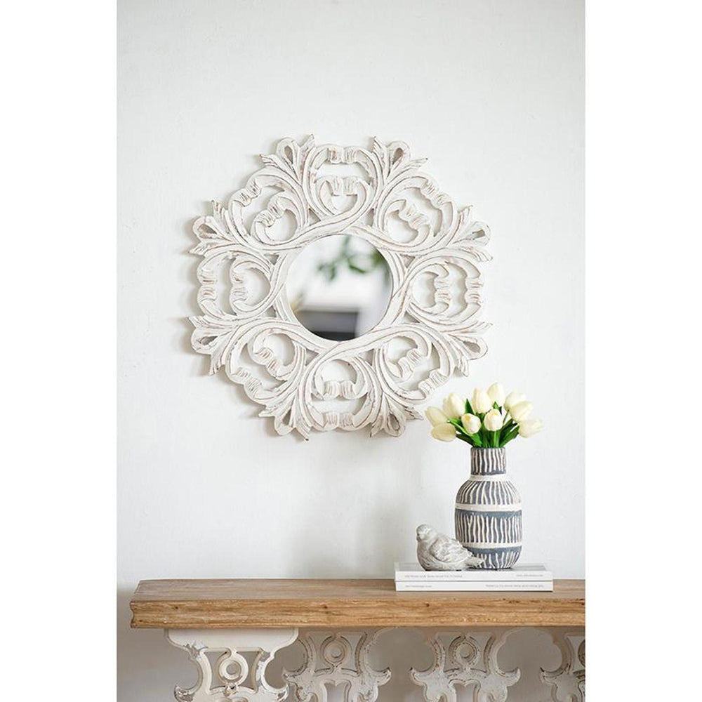 24" White Floral Scrollwork Distressed Round Framed Accent Mirror - Homeroots - Flyclothing LLC