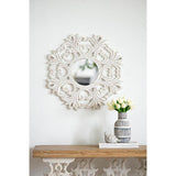 24" White Floral Scrollwork Distressed Round Framed Accent Mirror - Homeroots - Flyclothing LLC