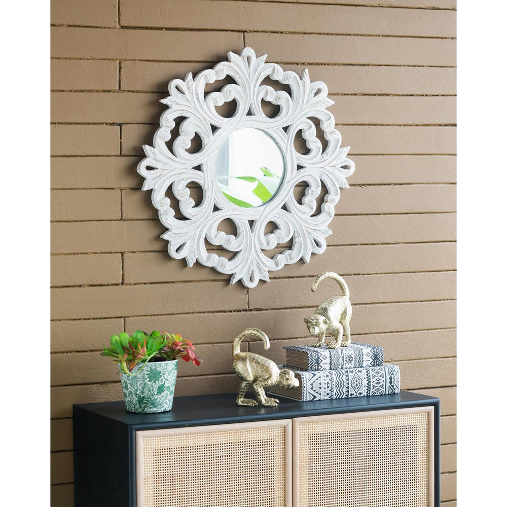 24" White Floral Scrollwork Distressed Round Framed Accent Mirror - Homeroots - Flyclothing LLC