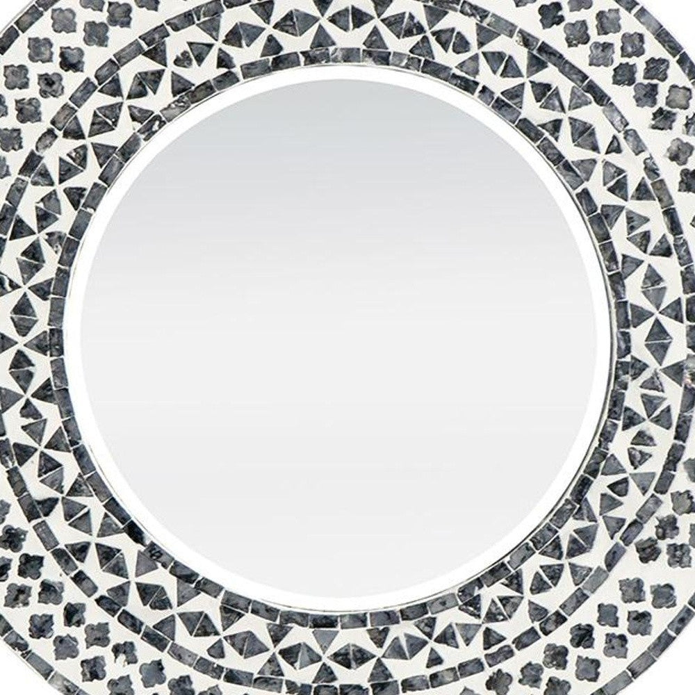 24" Black and White Round Manufactured Wood and Shell Framed Accent Mirror - Homeroots - Flyclothing LLC
