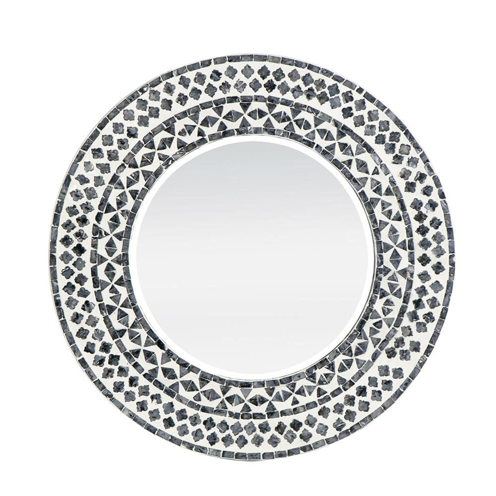 24" Black and White Round Manufactured Wood and Shell Framed Accent Mirror - Homeroots - Flyclothing LLC