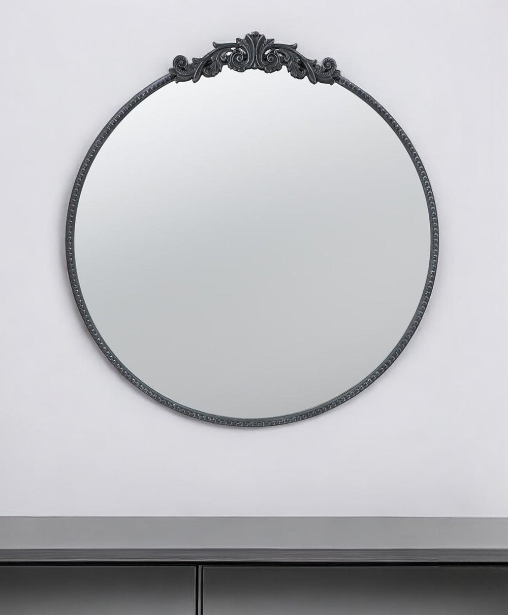 32" Black Crowned Top Iron Framed Round Accent Mirror - Homeroots - Flyclothing LLC